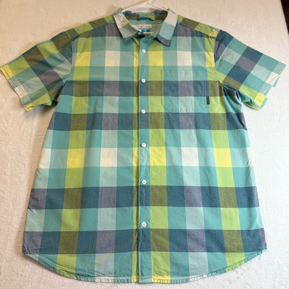 Columbia Men's Blue and Green Plaid Button Down Shirt